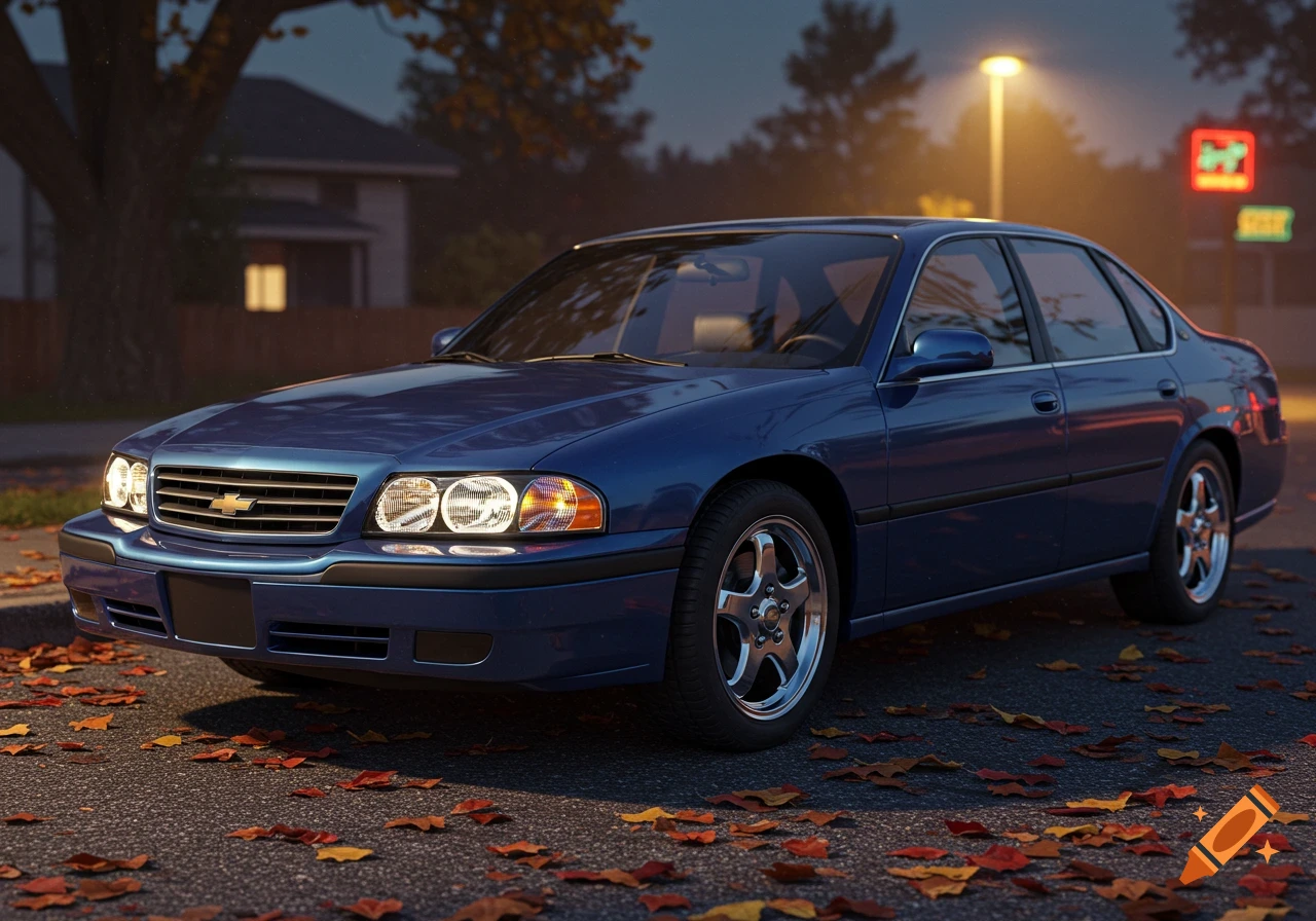 A blue Chevrolet sedan parked on a street covered in autumn leaves at dusk, illuminated by a street light.