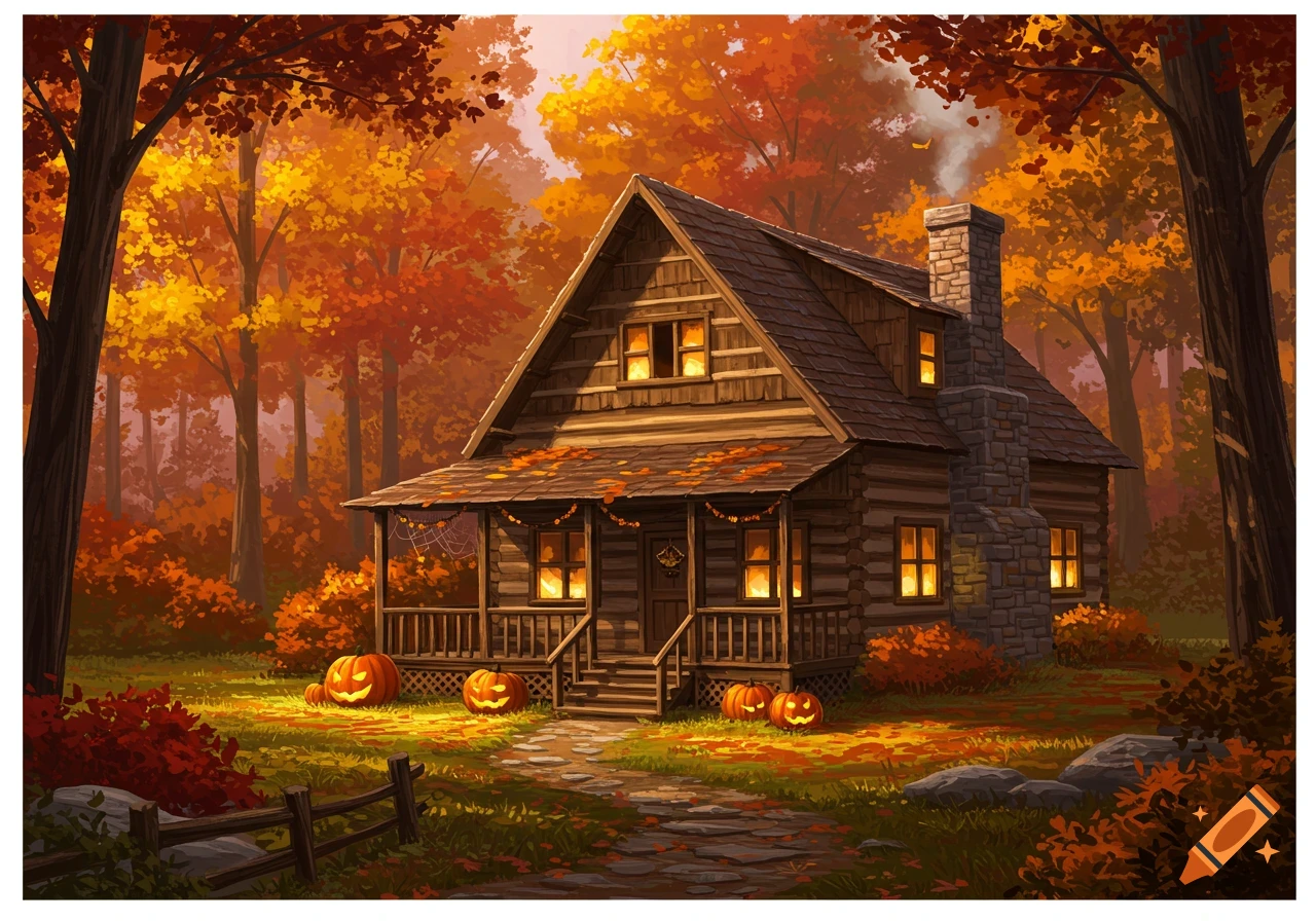 A cozy log cabin decorated for Halloween with pumpkins and spiderwebs, surrounded by vibrant autumn trees in a forest.