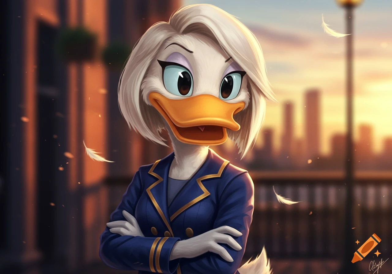 A cartoon female duck with white hair and a blue suit stands with crossed arms against a sunset cityscape.