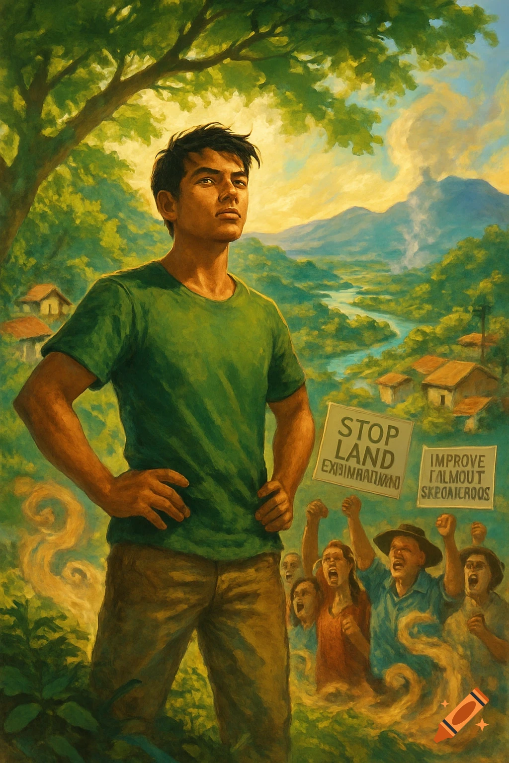 A young man in a green shirt stands resolutely in a lush, painterly landscape with a village, river, and volcano. Below him, a crowd protests with signs.