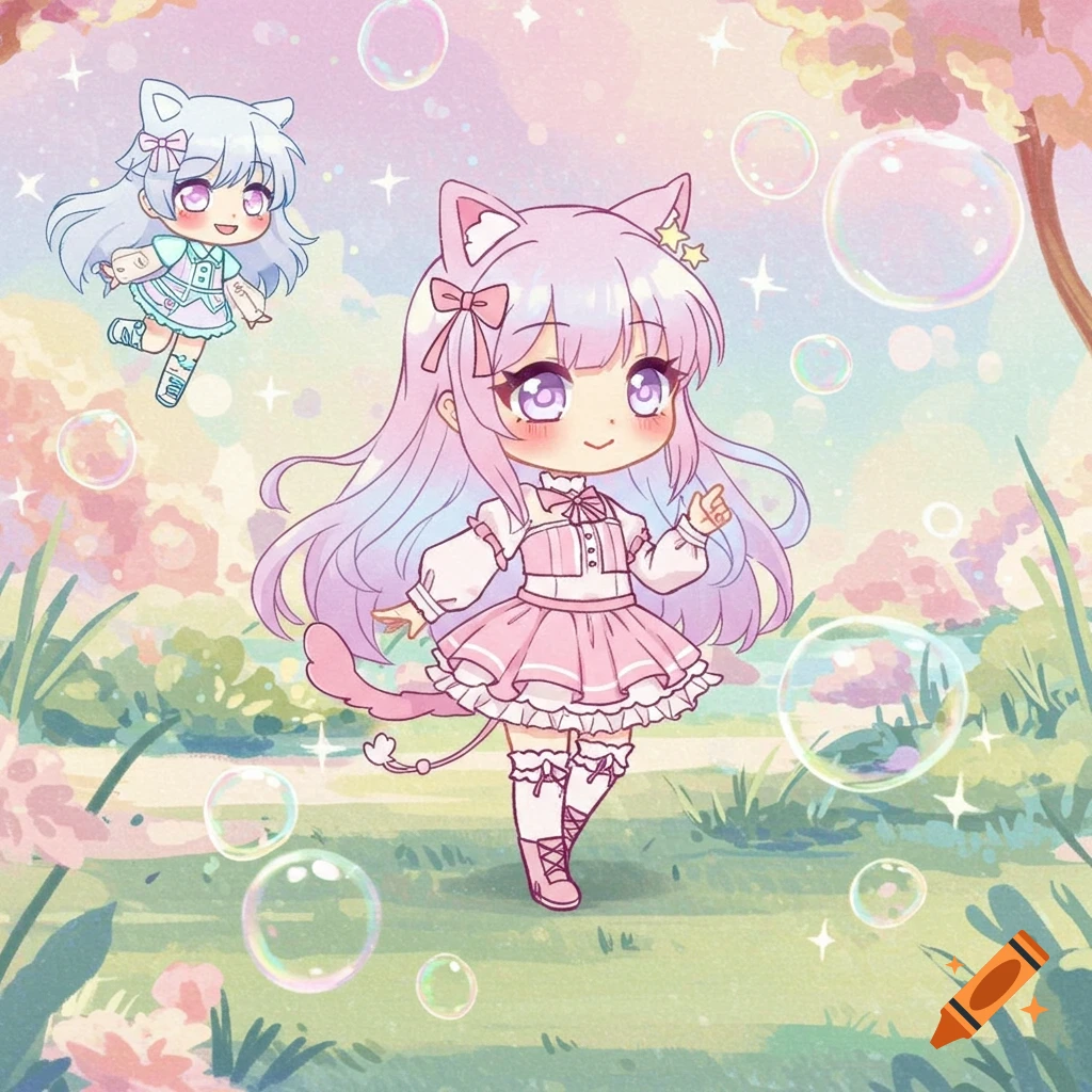 Two pastel-colored chibi anime cat-girls, one large and one small, float and stand in a dreamy outdoor scene with bubbles.