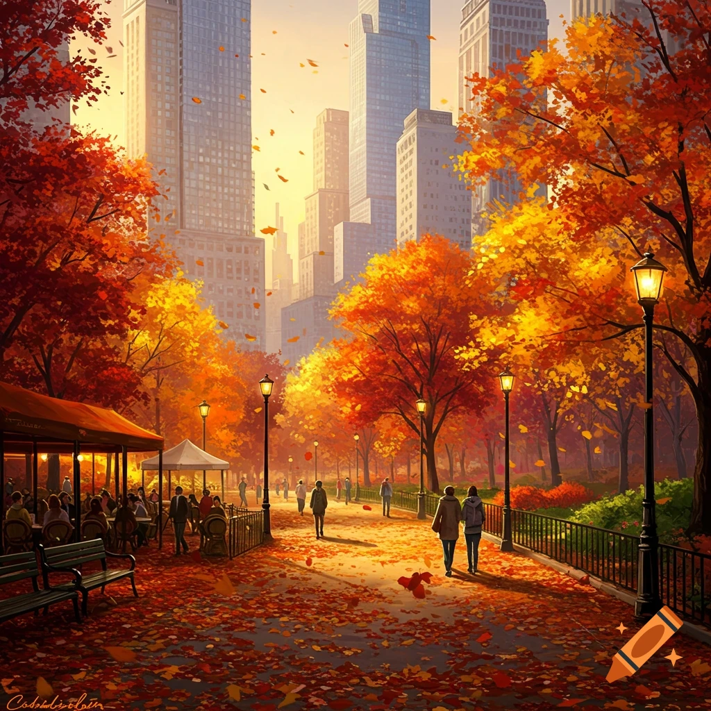 Vibrant painting of a city park in autumn, with red and orange trees, people walking, and tall buildings in the background.