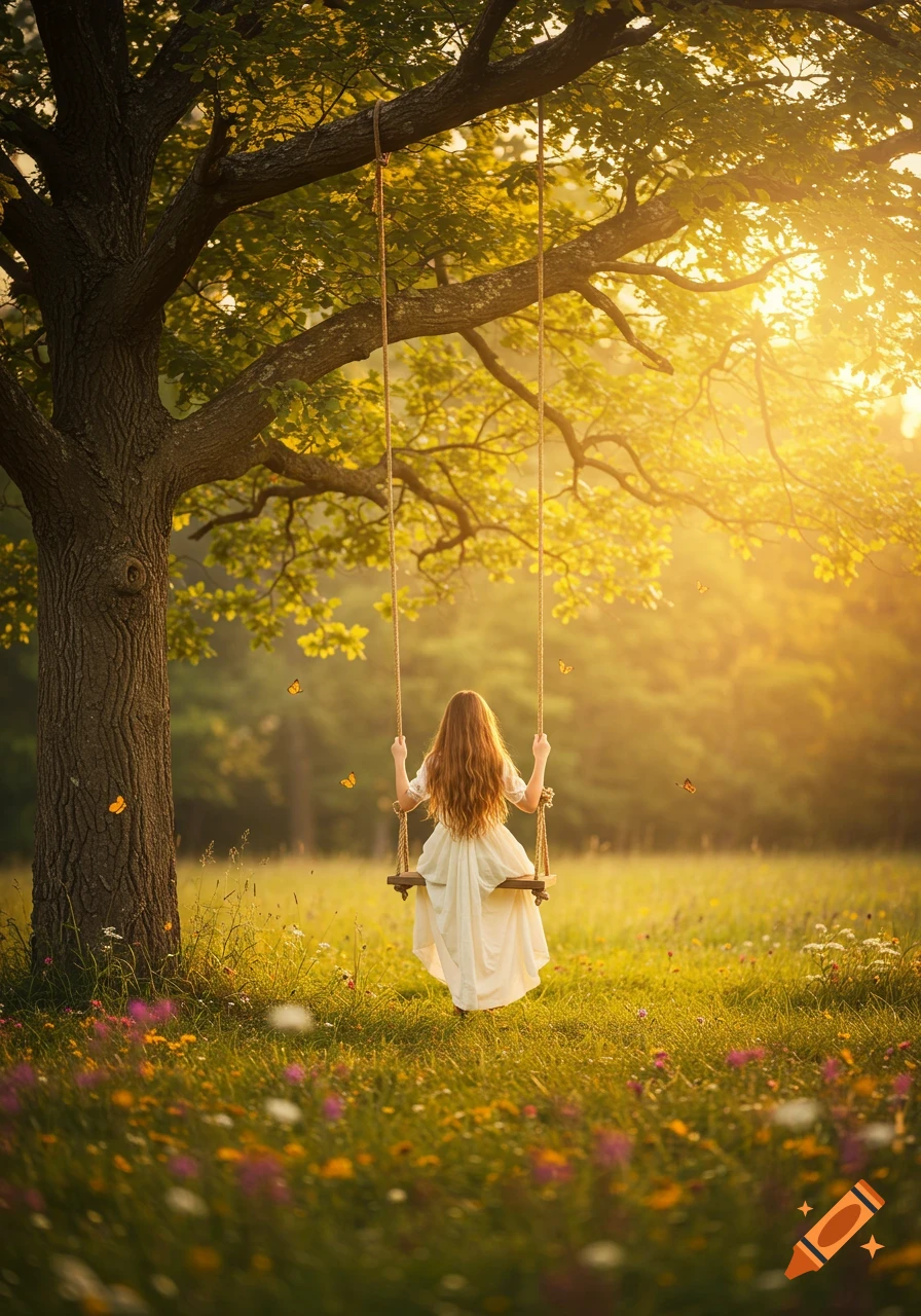 A girl with long hair on a swing under a large tree in a sunlit field with wildflowers and butterflies.