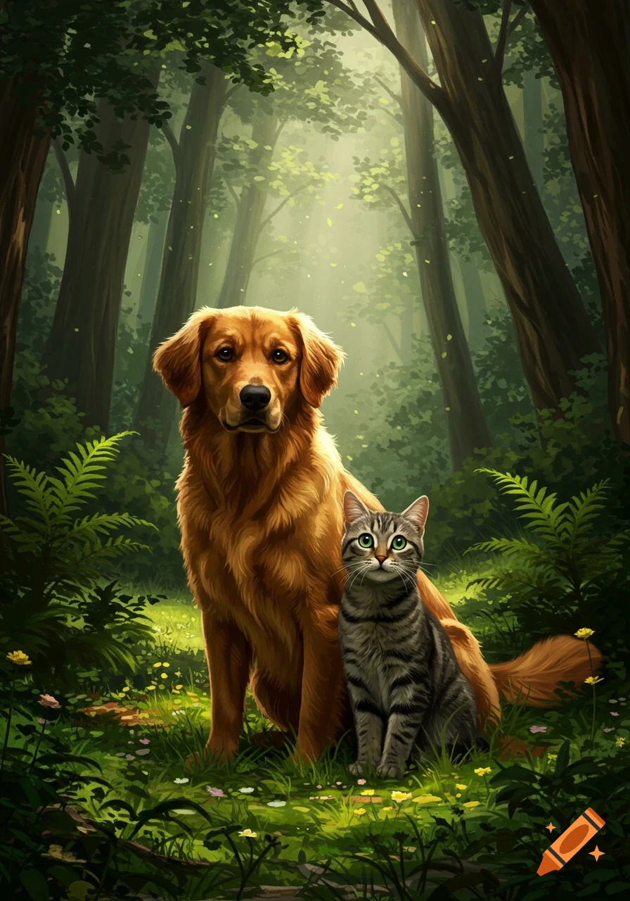 A golden retriever and a tabby cat sit together in a lush, sunlit forest. Detailed illustration.