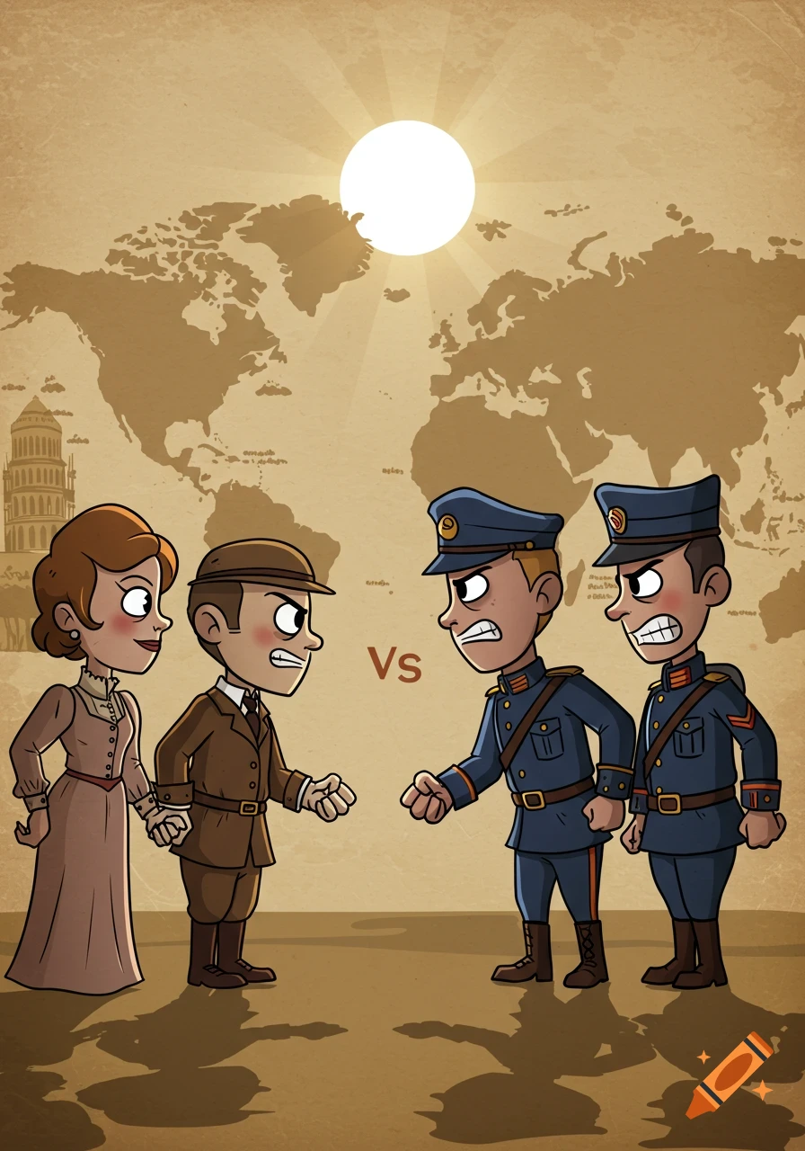 Cartoon of two groups of historical figures, including soldiers, glaring at each other with "Vs" between them, on a world map background.