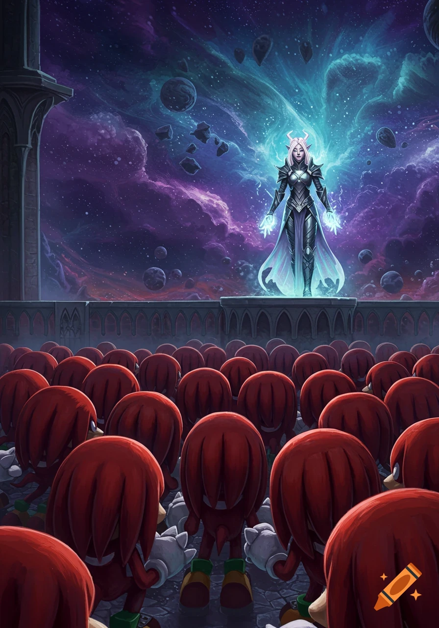 A powerful armored female figure glowing with energy stands on a platform overlooking many kneeling red cartoonish characters against a cosmic nebula.