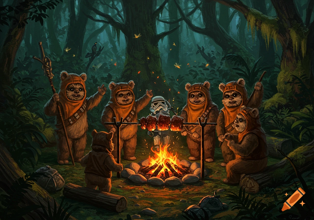 Cartoonish Ewoks roast a Stormtrooper over a campfire in a dark, mossy forest.