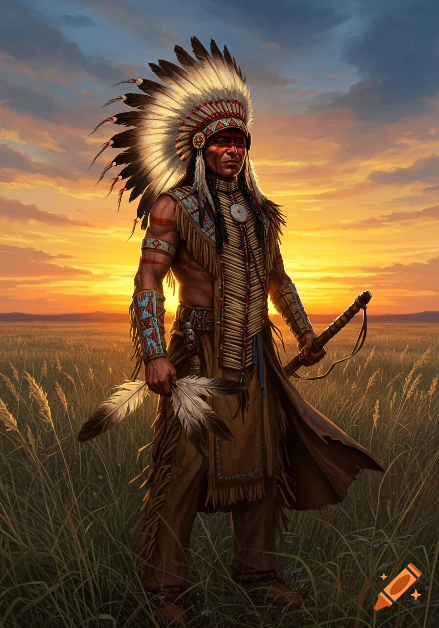 A detailed illustration of a Native American man with a feather headdress and face paint, holding feathers, standing in a grassy field at sunset.