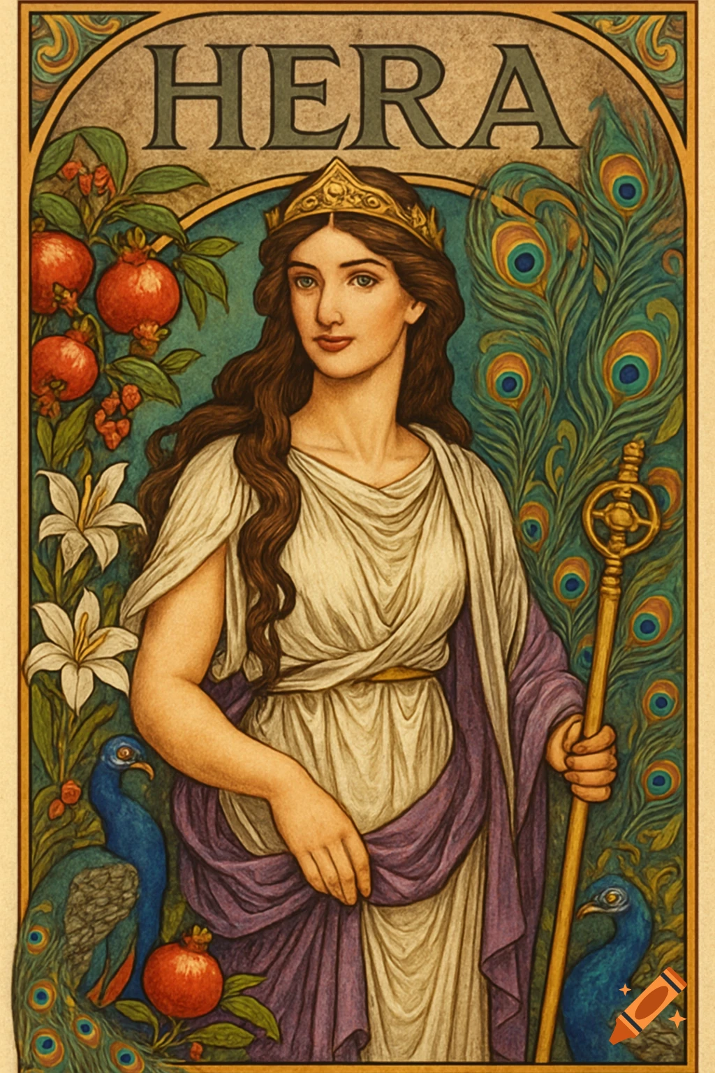 Art Nouveau illustration of Hera, Greek goddess, wearing a crown and toga, holding a scepter, surrounded by peacocks, pomegranates, and lilies.
