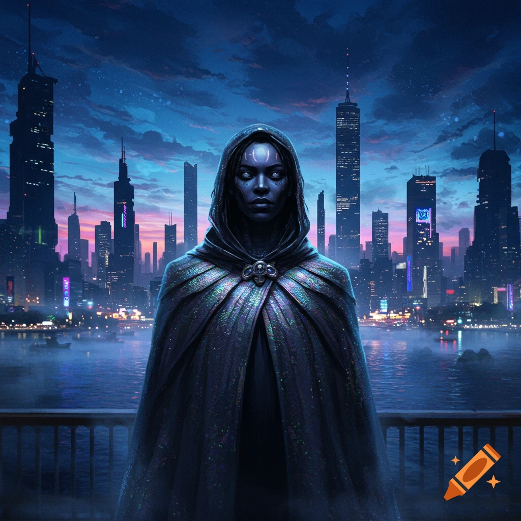 A dark hooded figure with glowing eyes stands before a vibrant, neon-lit cyberpunk city at night.
