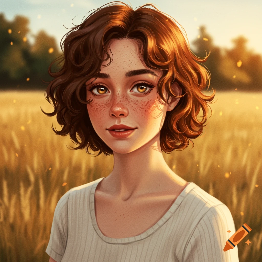 A stylized portrait of a young woman with short curly brown hair, freckles, and amber eyes, standing in a sunlit golden field.