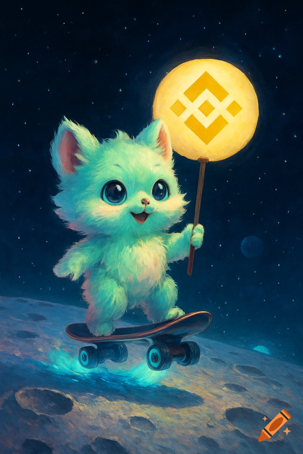 A cute teal creature with big eyes rides a skateboard on the moon, holding a glowing yellow Binance logo sign under a starry sky.