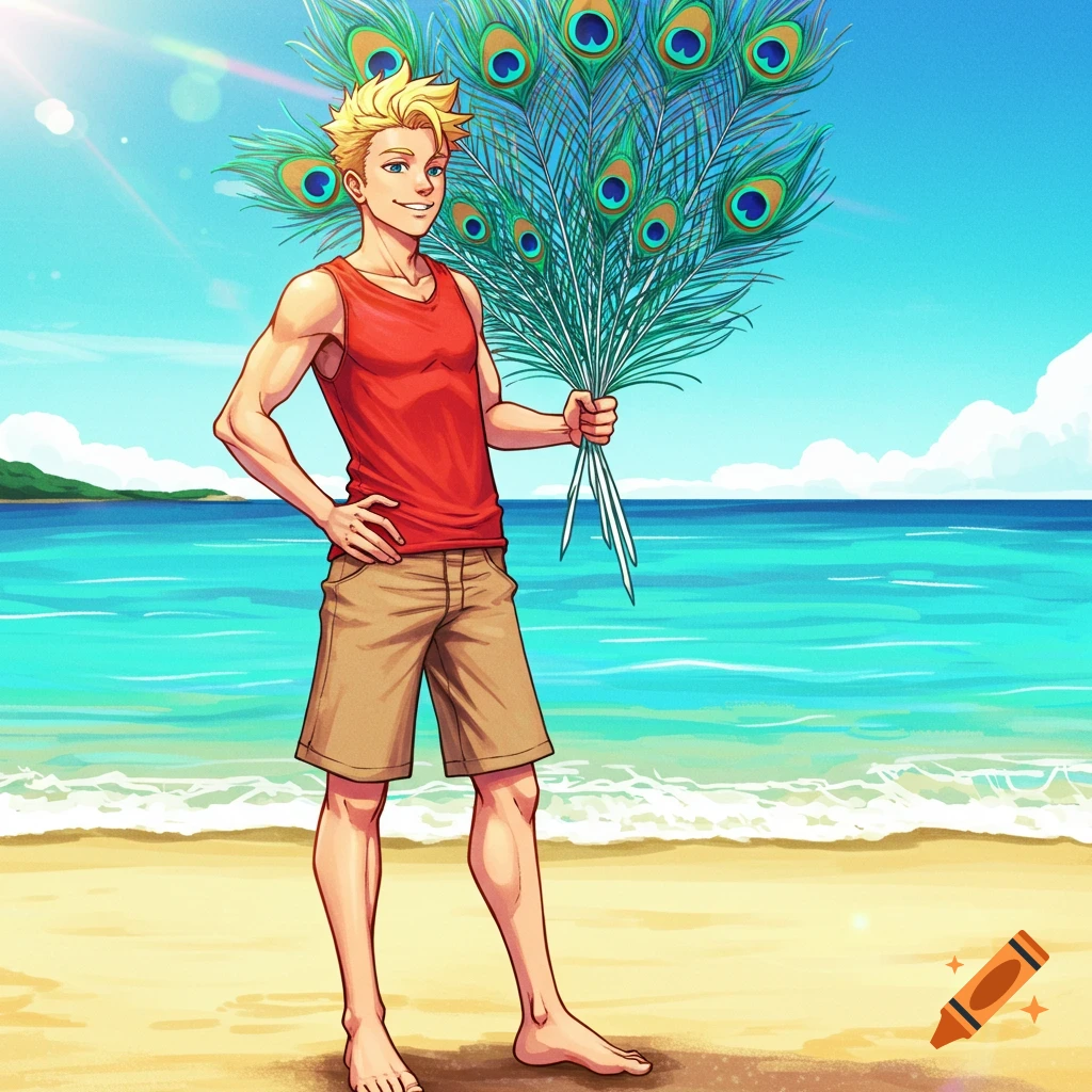 A cartoon young man with blond hair in a red tank top and shorts stands barefoot on a sunny beach, holding a large bunch of peacock feathers.