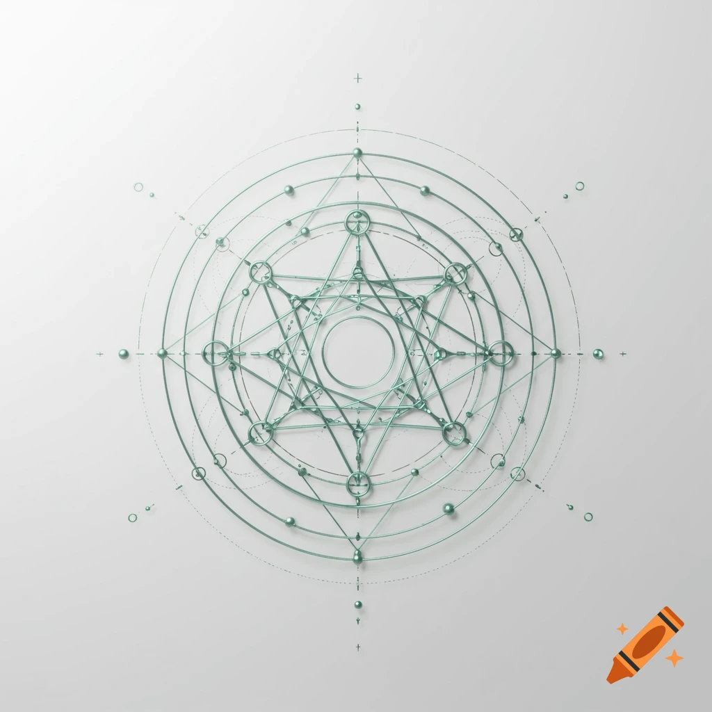 A metallic-like geometric glyph with intricate lines and spheres, on a white background.