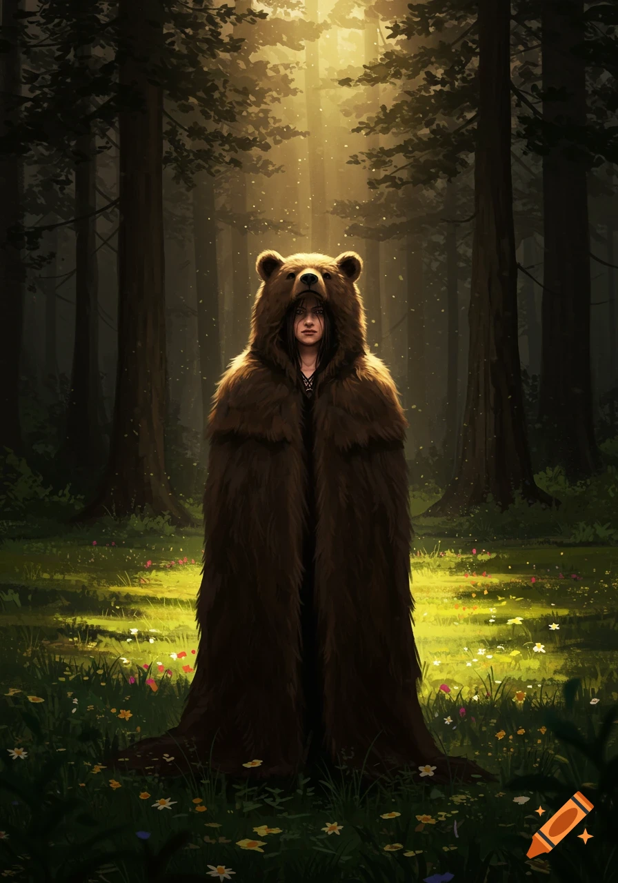 A person wearing a long, brown bear fur cloak stands in a sun-dappled, enchanted forest clearing with wildflowers.