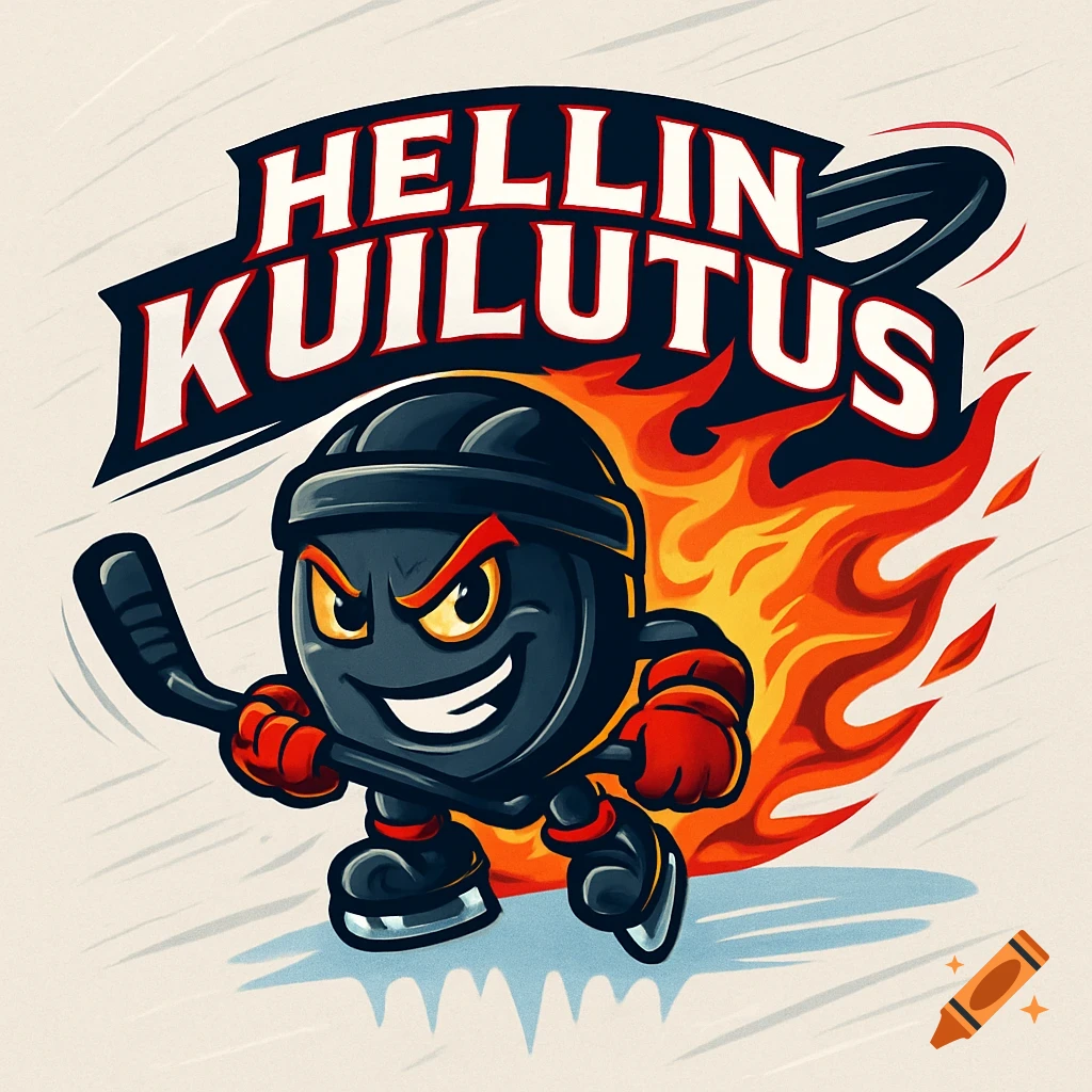 A cartoon hockey puck character with a helmet, skates, and stick, engulfed in flames, with "HELLIN KUILUTUS" text above, in a logo style.