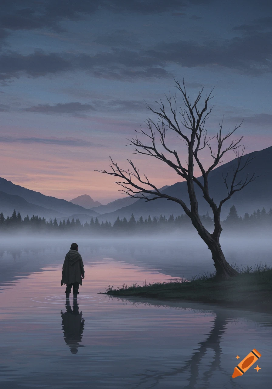 A cloaked figure stands in a misty lake at dawn, reflecting in the water, with a bare tree and distant mountains. Digital painting.
