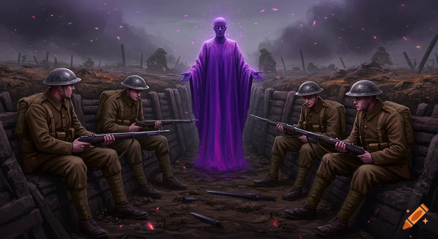Digital painting of WW1 English soldiers in a trench encountering a glowing purple, humanoid figure in a desolate landscape.