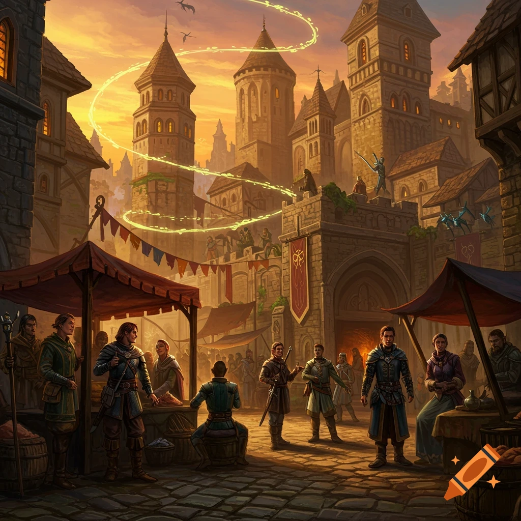 A bustling fantasy marketplace at sunset, with people, stalls, medieval buildings, and glowing magical lines in the sky.