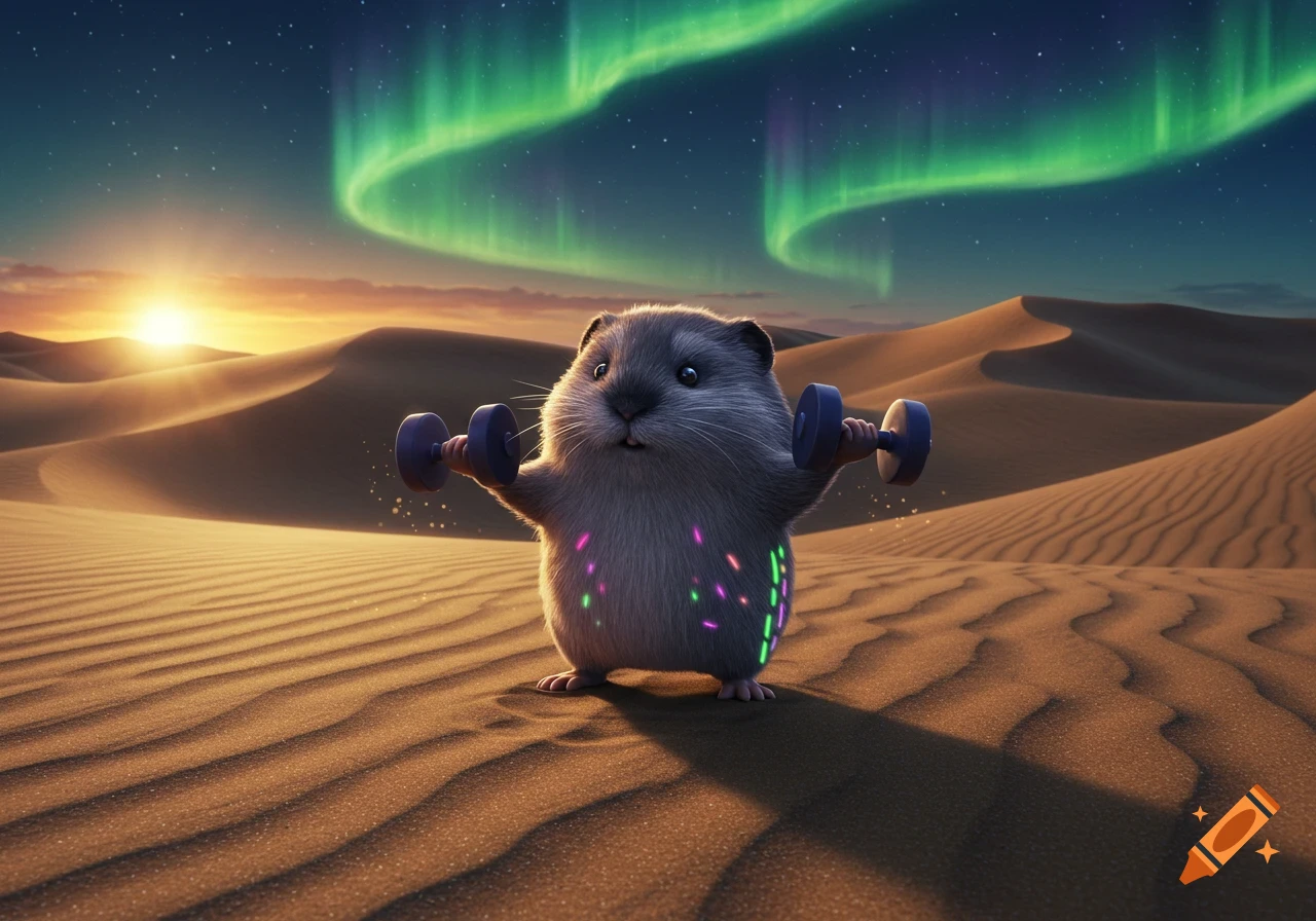 A cute, fuzzy lemming holds dumbbells in a desert landscape under a starry sky with aurora borealis and a setting sun.