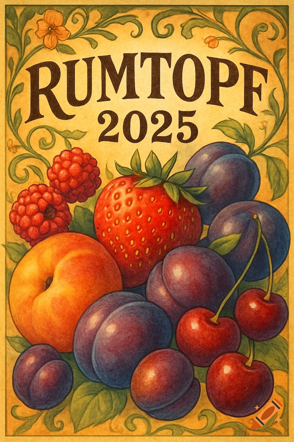 An illustrative label for 'Rumtopf 2025' featuring a colorful medley of berries, plums, and a nectarine on a yellow, vine-bordered background.