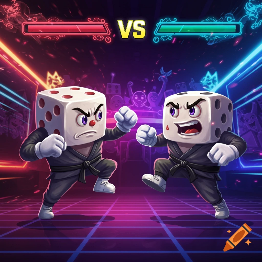 Two anthropomorphic dice characters in martial arts outfits face off in a vibrant, neon-lit fighting game arena, with health bars above.