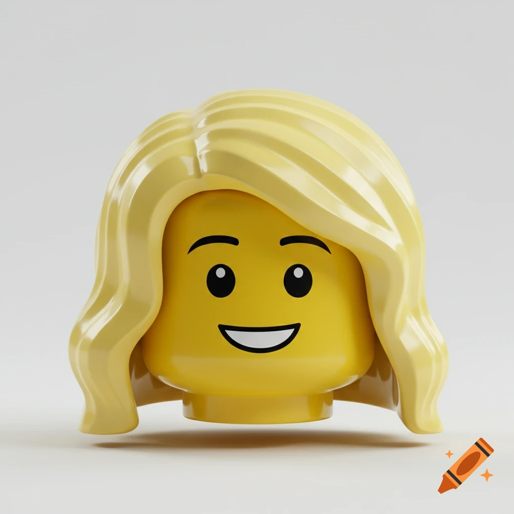 A yellow LEGO head with black eyes and a smiling mouth, wearing a blonde hairpiece, against a white background.