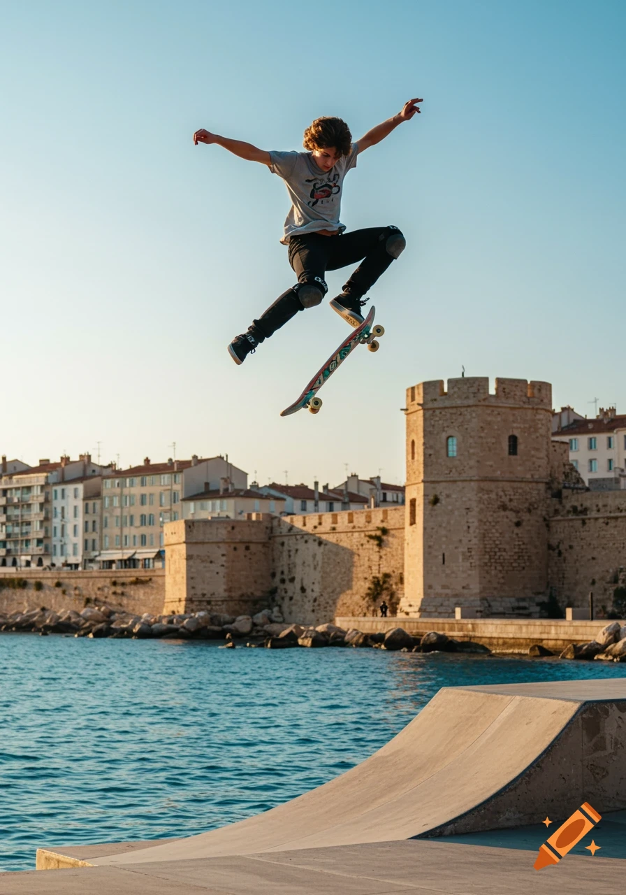 A young skateboarder jumps high over a skate ramp with an old stone fort and city buildings along the coast.