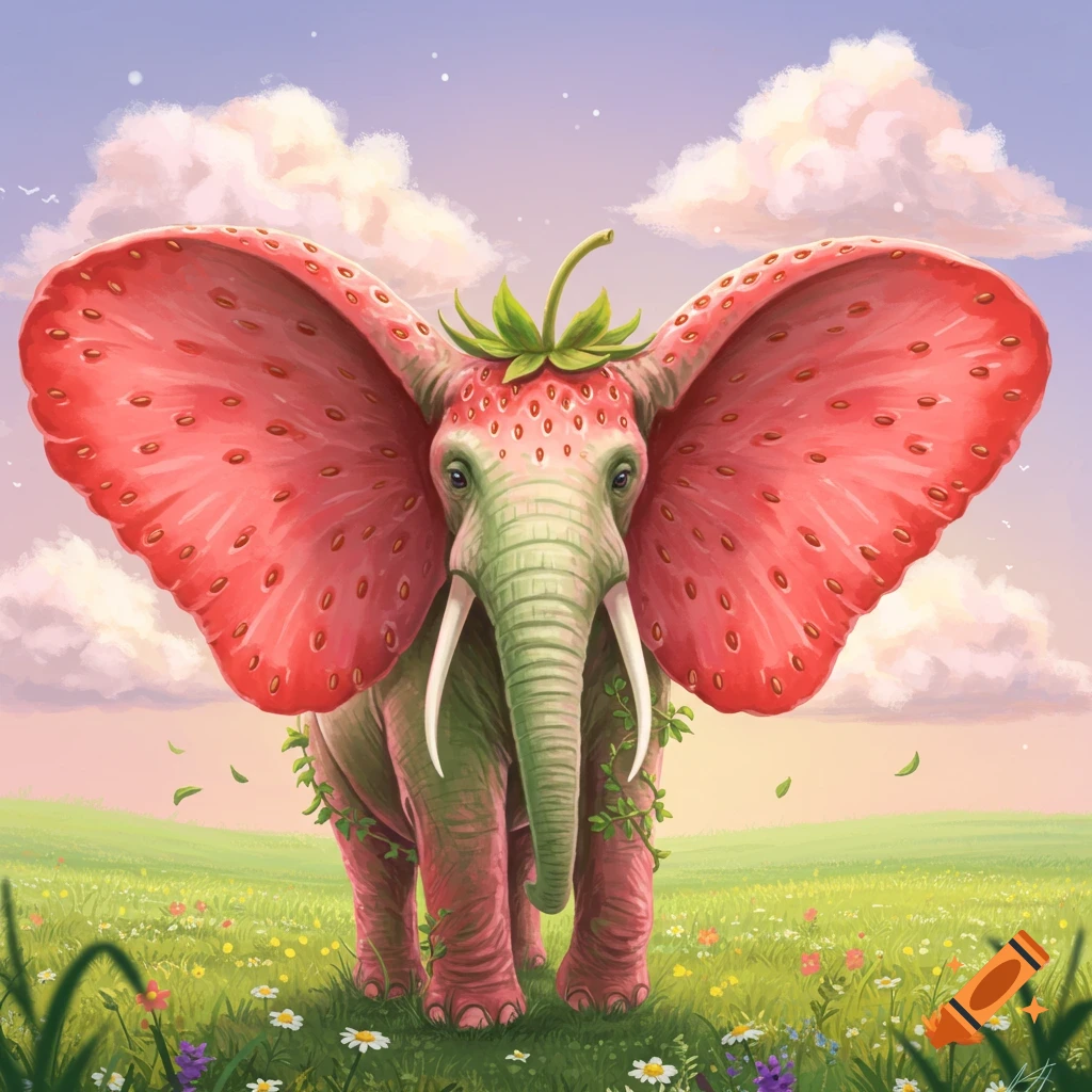 A whimsical elephant with large strawberry ears and a green body stands in a vibrant field of wildflowers under a pastel sky.