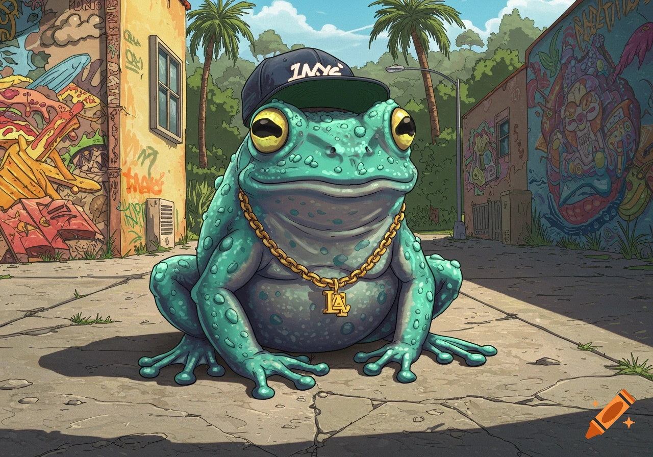 A stylized green frog wearing a black baseball cap that says "1NYC" and a gold chain with an "LA" pendant, sitting on a sidewalk in front of graffiti-covered buildings and palm trees.