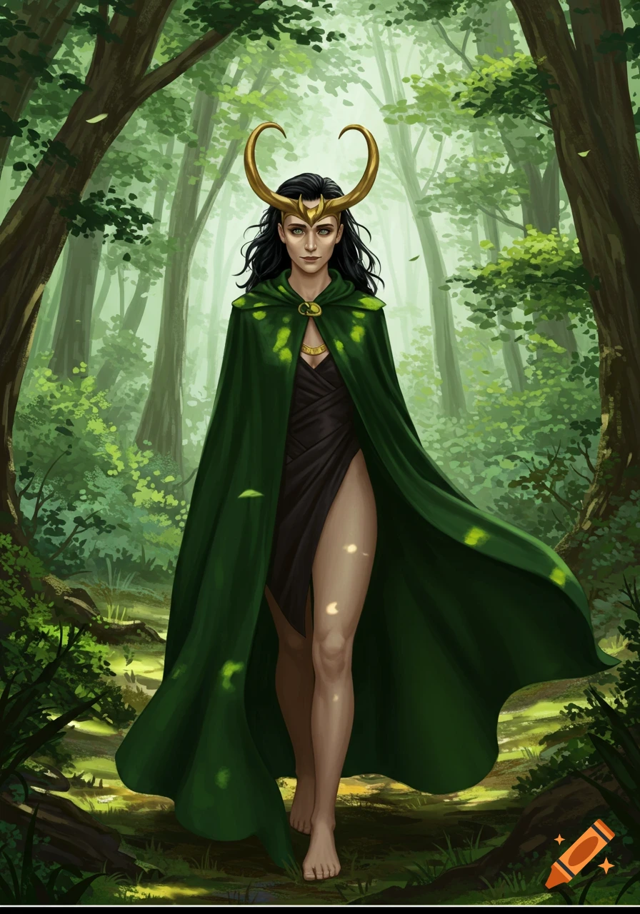 A full-body illustration of a female Loki, with long dark hair and golden horns, wearing a green cloak and black dress, walking barefoot in a lush green forest.