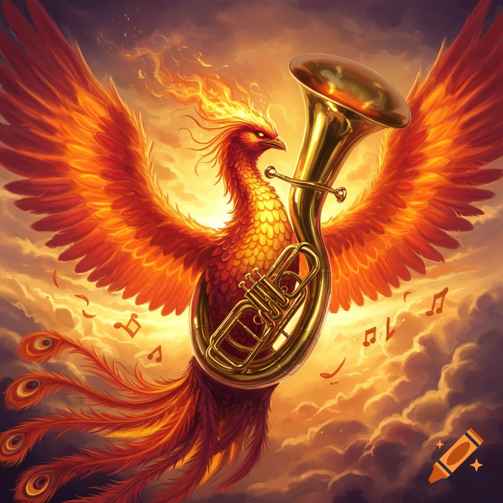 A vibrant fiery phoenix with outstretched wings flying through a cloudy, golden sky, holding a large brass tuba.