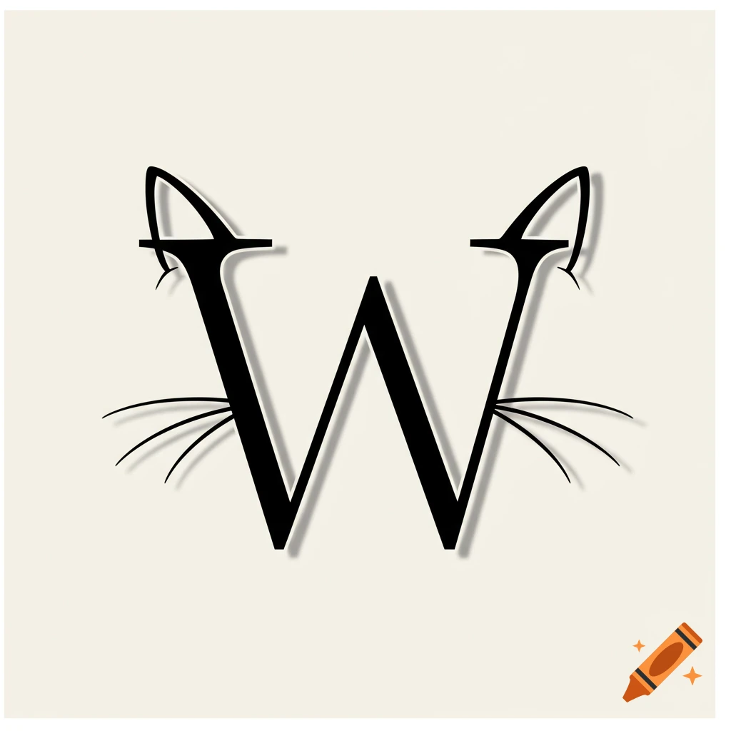 A black stylized letter W with cat ears and whiskers on a cream background.