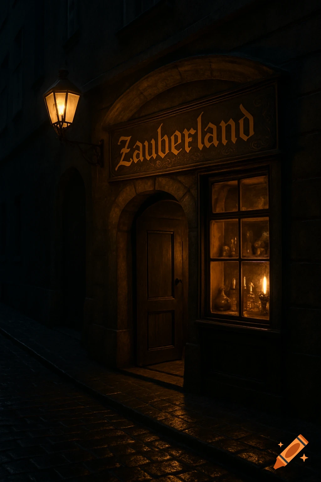 Photorealistic view of a dark magic shop entrance with a Zauberland sign, glowing lamp, and items in a window on a wet cobblestone street at night.