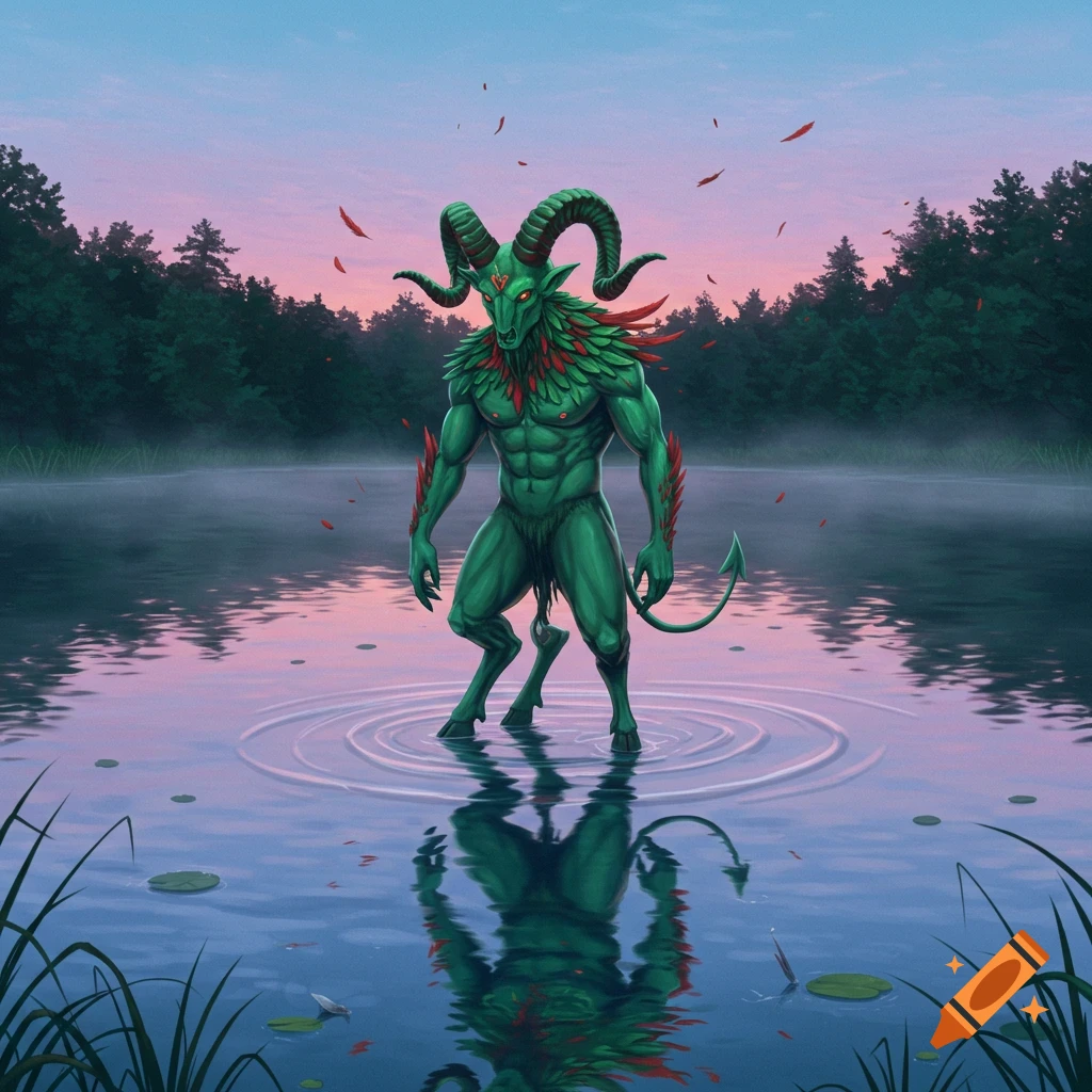 A muscular green devil with ram horns and red plumage stands in a misty lake at sunset, reflecting in the water.