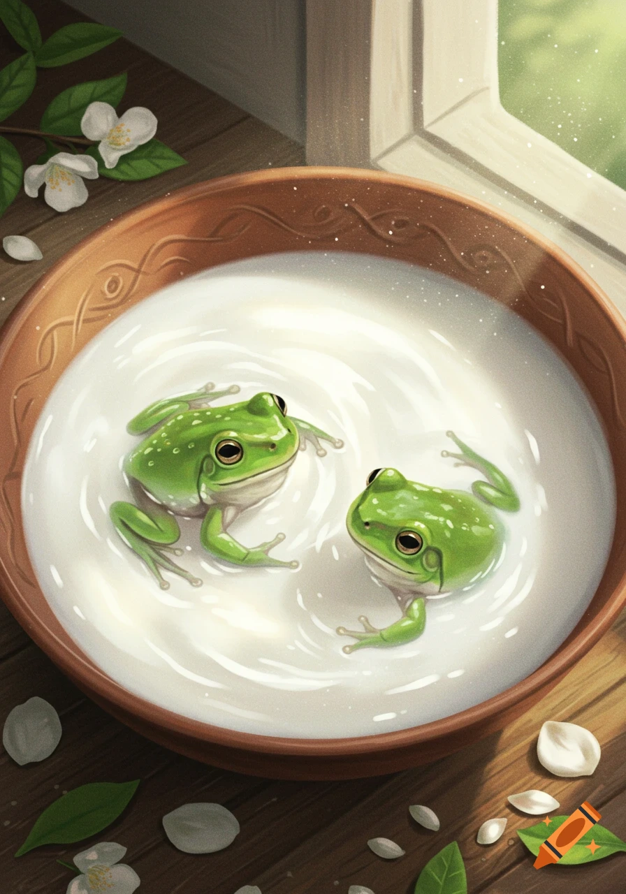 Two green frogs relax in a large bowl of white milk, with jasmine flowers and leaves scattered on a wooden surface next to a window, in an illustrated style.
