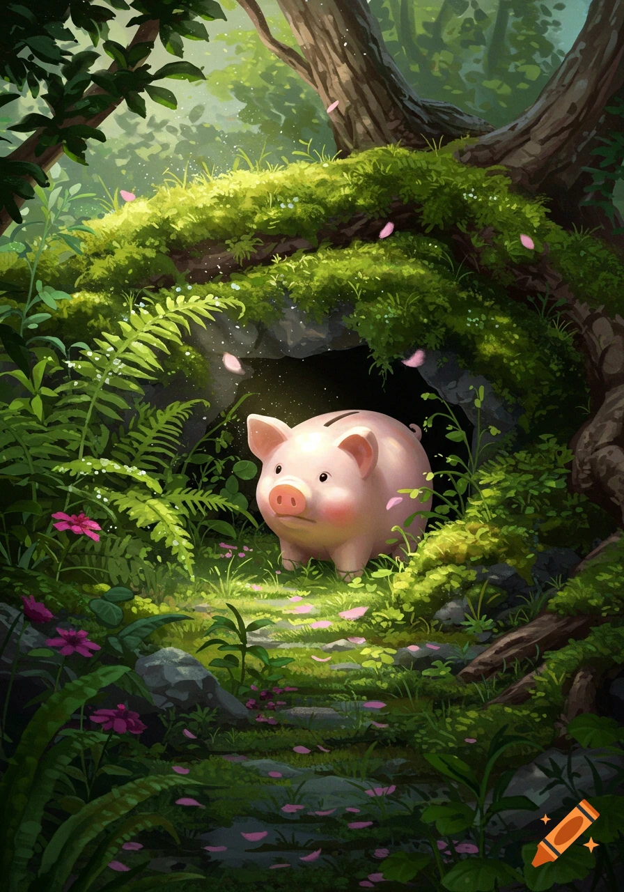 A pink piggy bank nestled in a lush, mossy forest nook with pink petals on the ground, digital illustration.