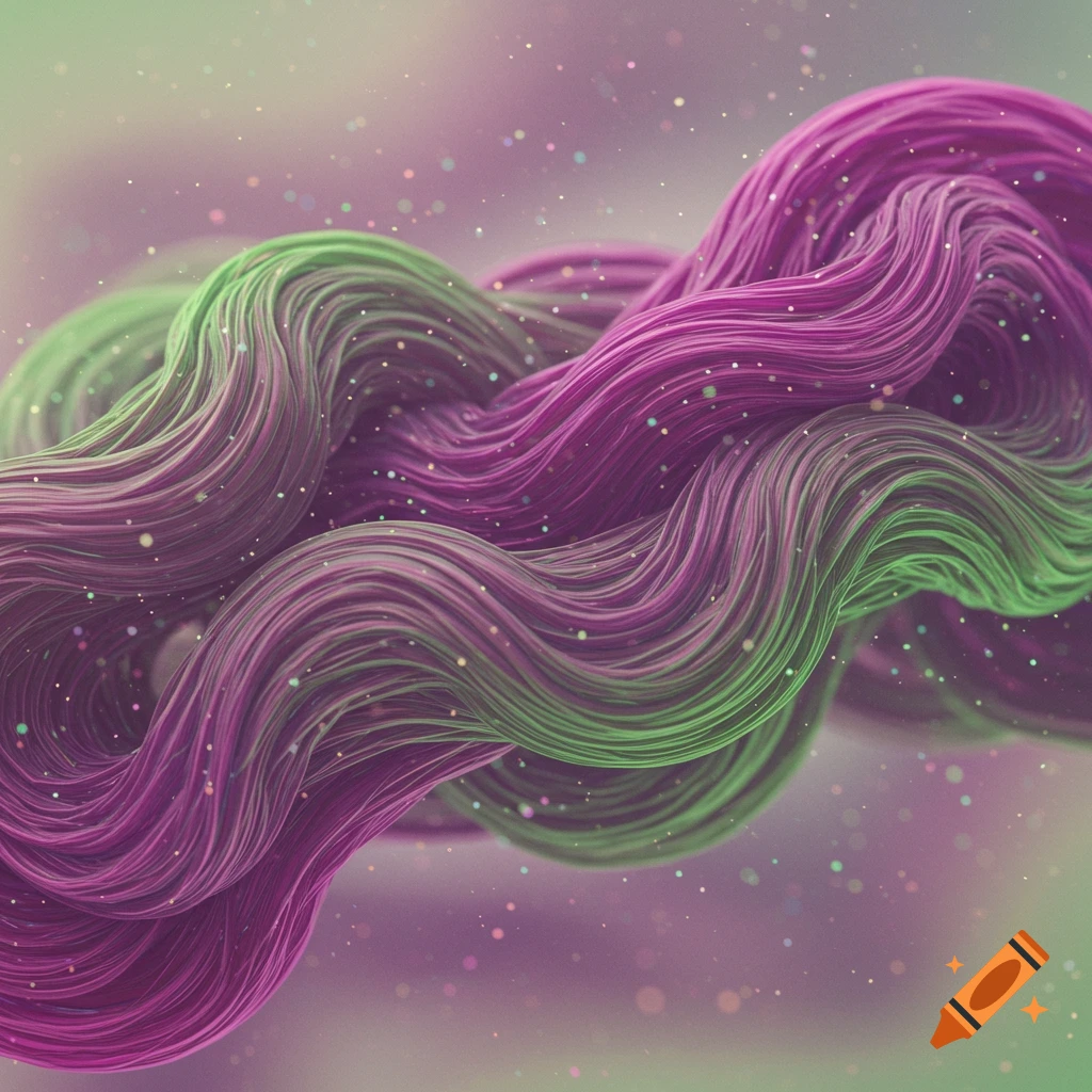 Intertwined wavy strands of vibrant purple and lime green with sparkling particles on a soft gradient background.