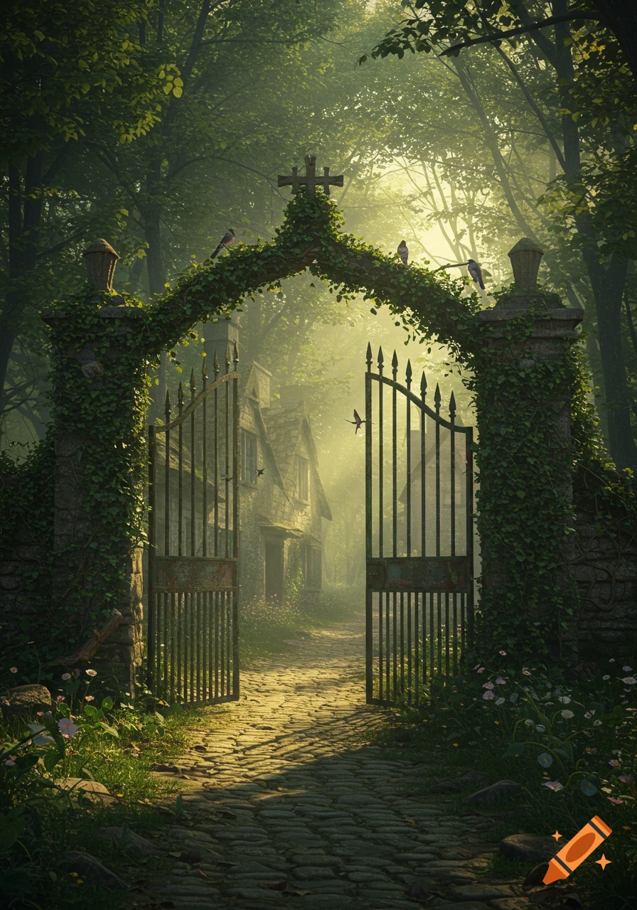 An overgrown iron gate under a vine-covered arch with a cross, opening to a cobblestone path leading to an old stone house in a misty, sunlit forest.