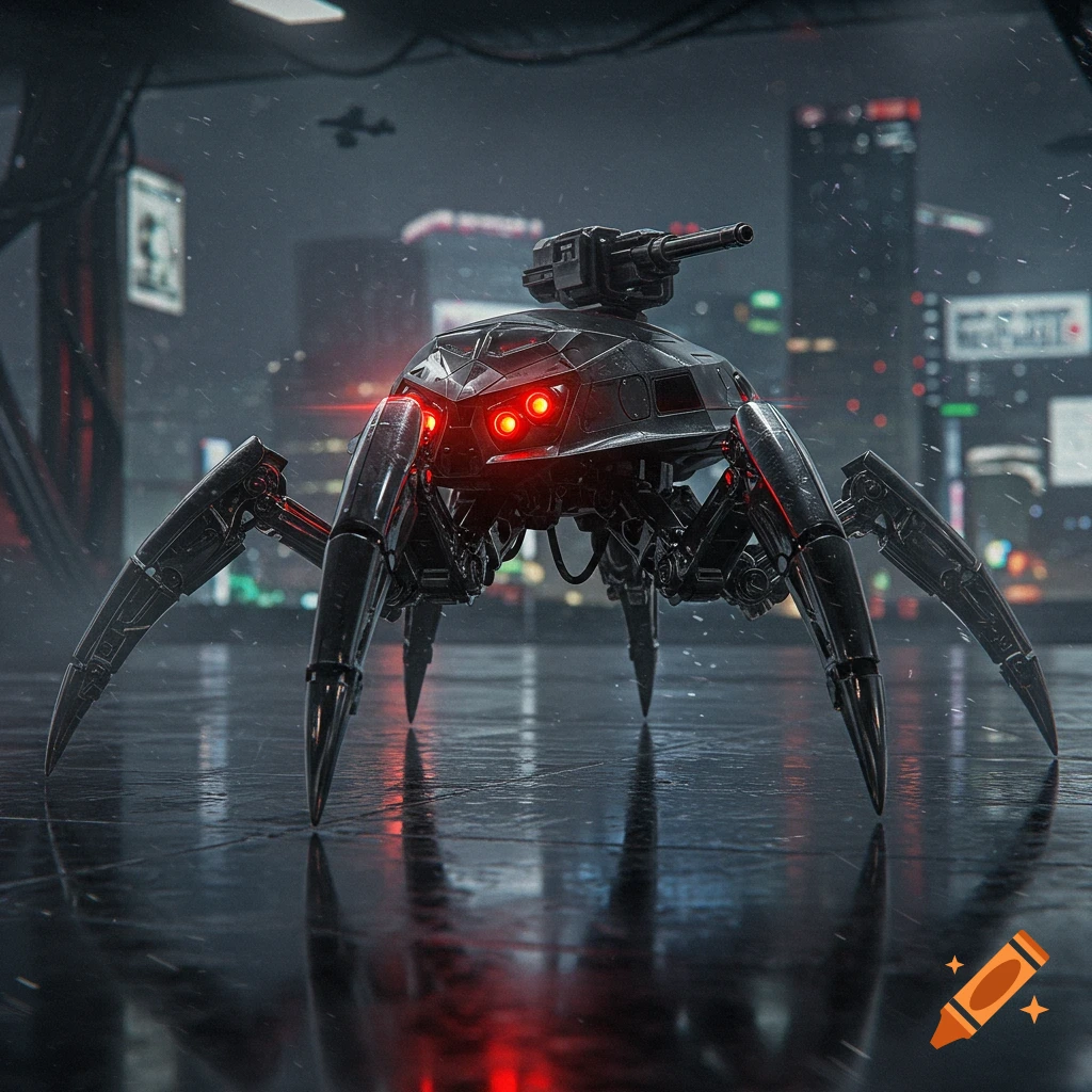 Photorealistic dark metallic spider robot with glowing red eyes and a top cannon on a wet cyberpunk city street.