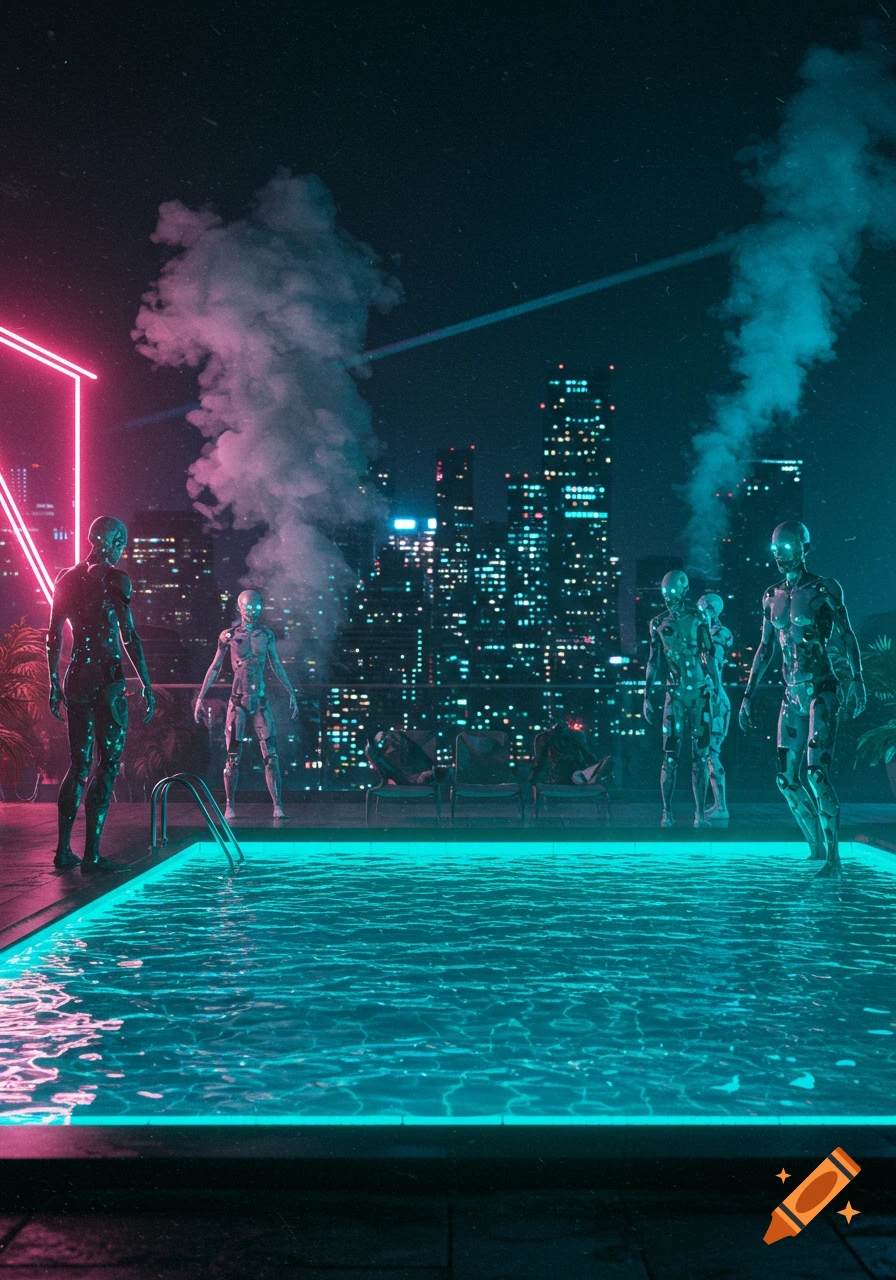 Robots stand by a neon-lit rooftop pool overlooking a futuristic cityscape at night, in a cyberpunk style.