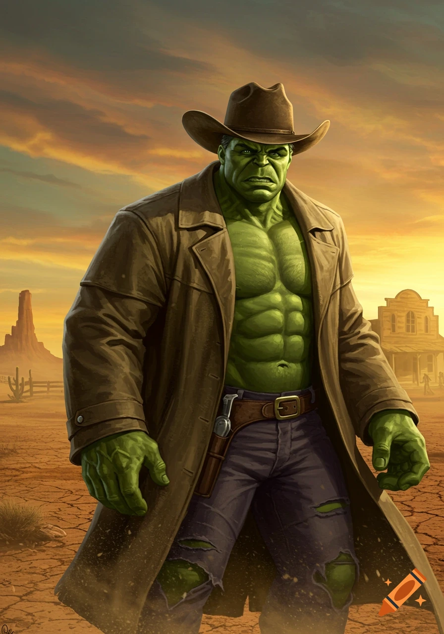 A muscular green Hulk in a cowboy hat and trench coat stands in a western desert landscape at sunset, illustrated in comic book style.