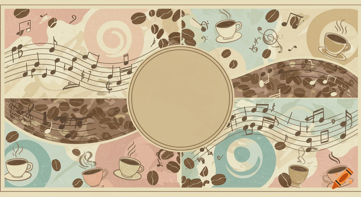 Vintage cartoon illustration with coffee motifs, musical notes, and a central empty circle on a textured background.