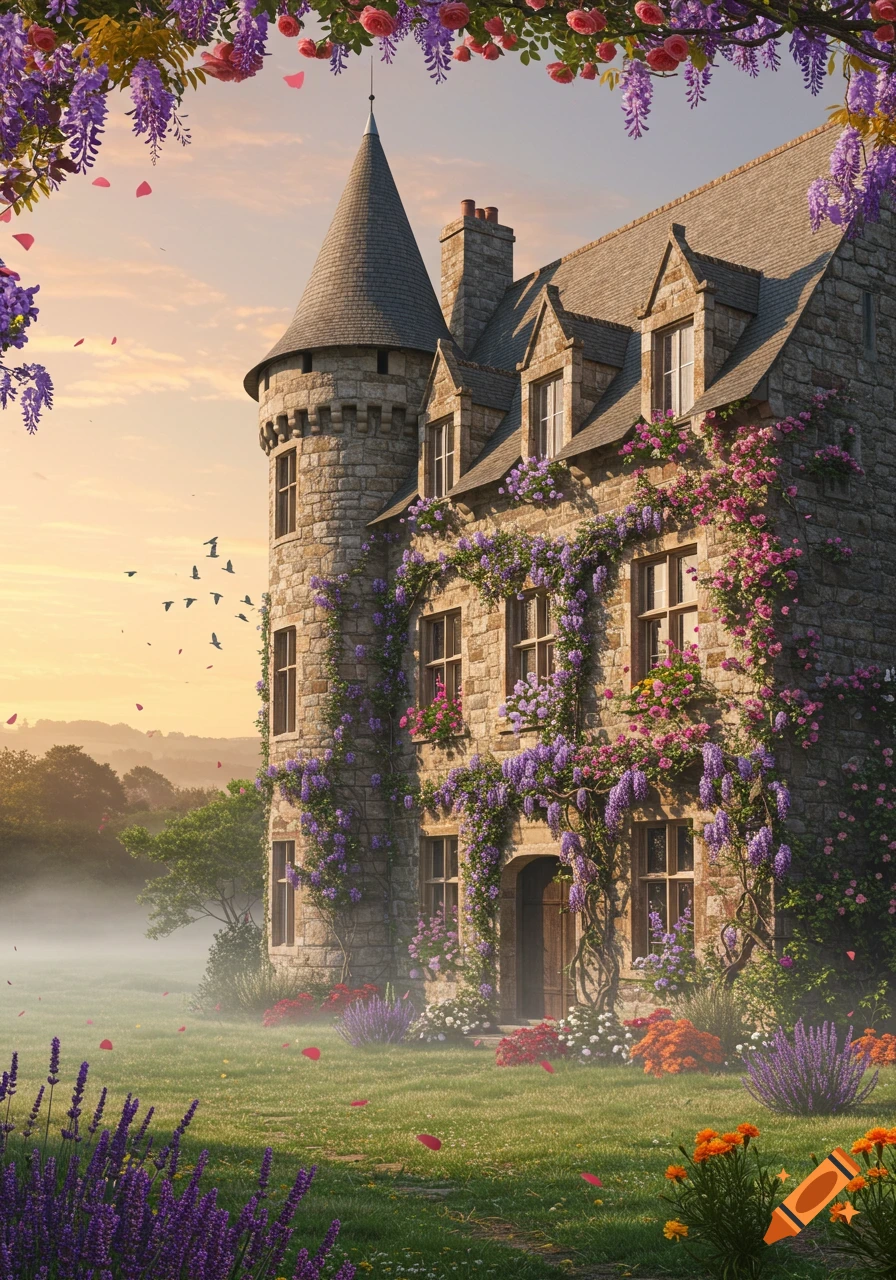 A fairytale stone castle with a turret, covered in purple wisteria and pink roses, surrounded by a misty garden at sunset.