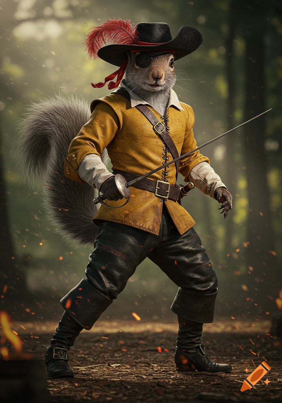 Photorealistic anthropomorphic grey squirrel swashbuckler in yellow jacket and hat with red feather, holding a rapier in a forest.