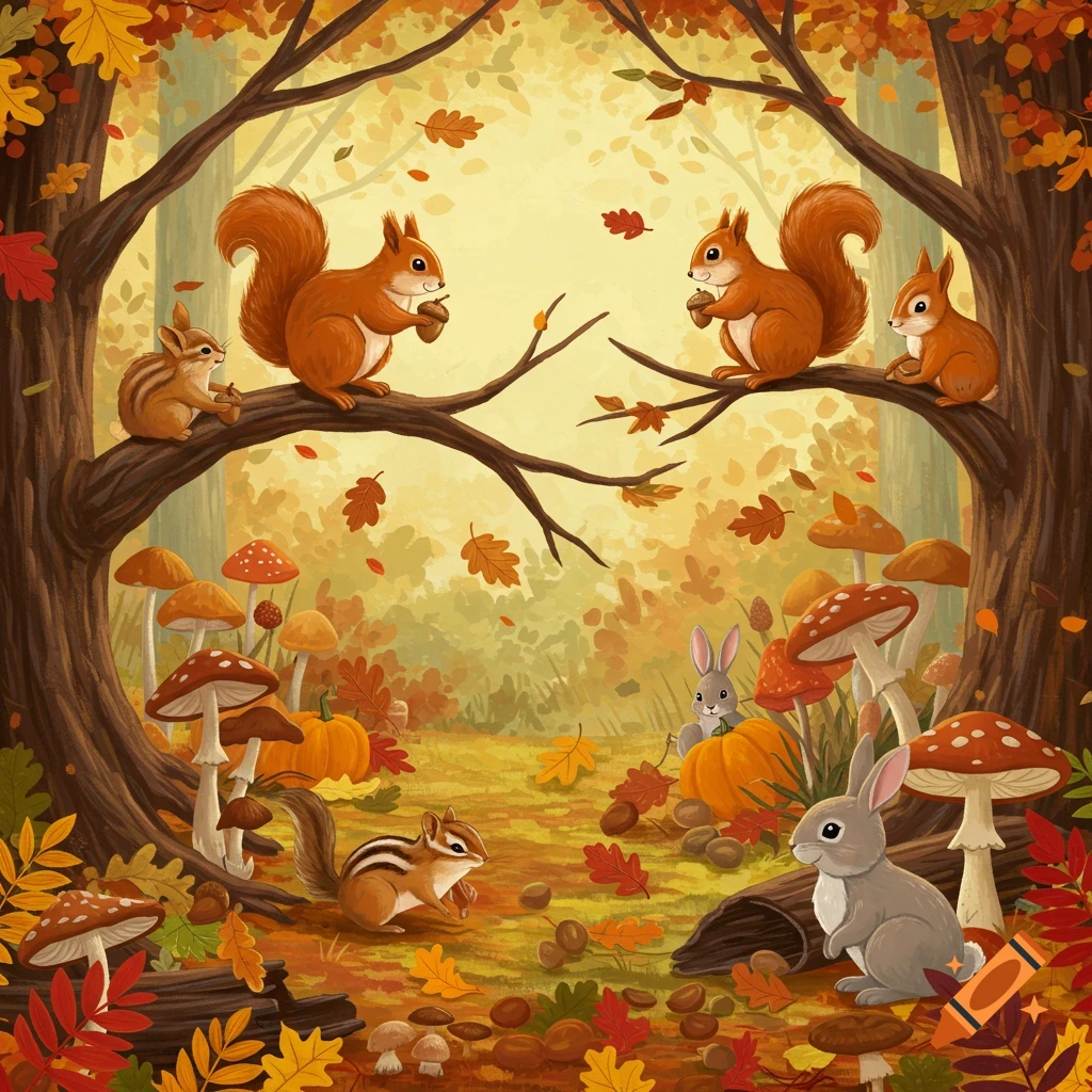 A whimsical autumn forest illustration with squirrels, chipmunks, and rabbits among colorful leaves, mushrooms, and pumpkins.