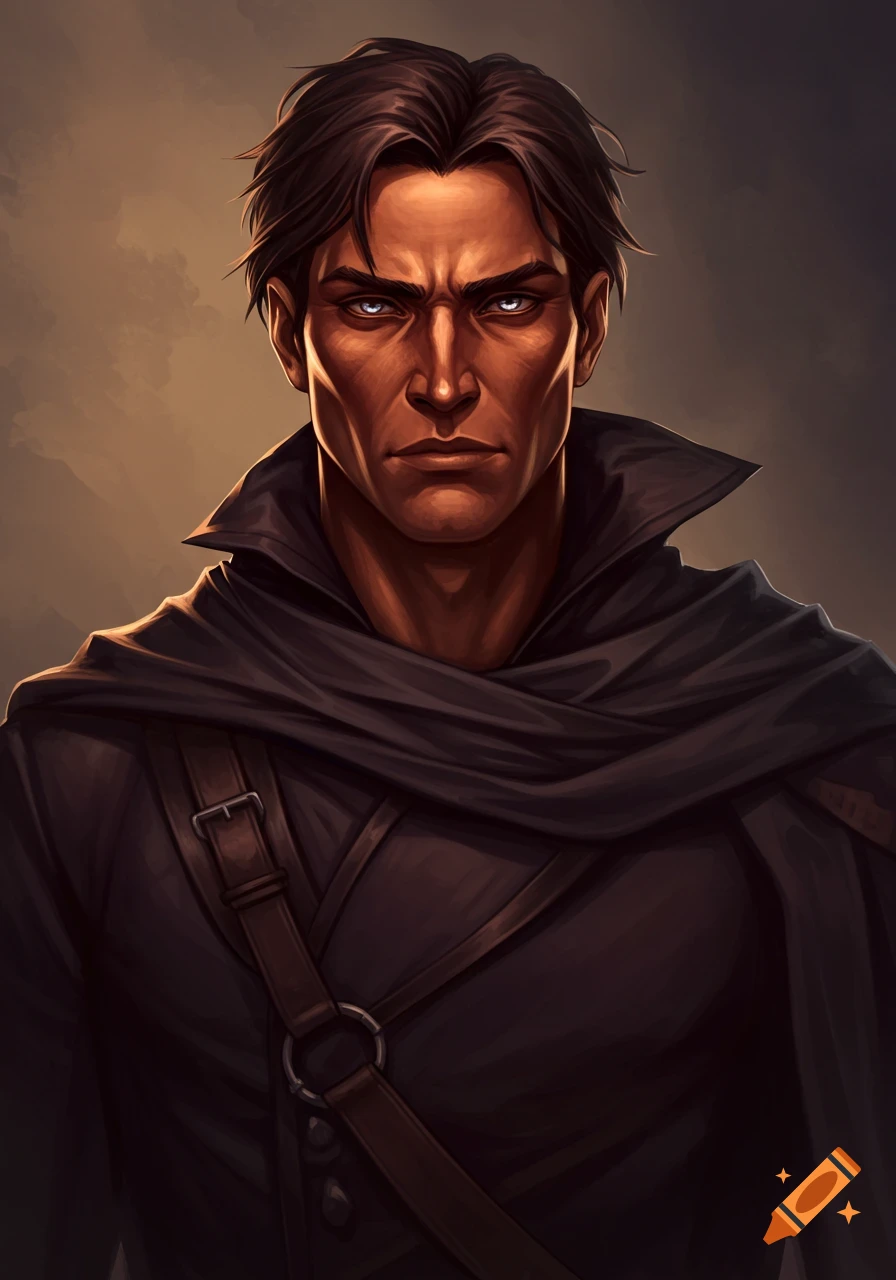 A serious-looking man with dark hair, copper skin, and piercing gray eyes, wearing a black cloak and tunic in a fantasy art style.