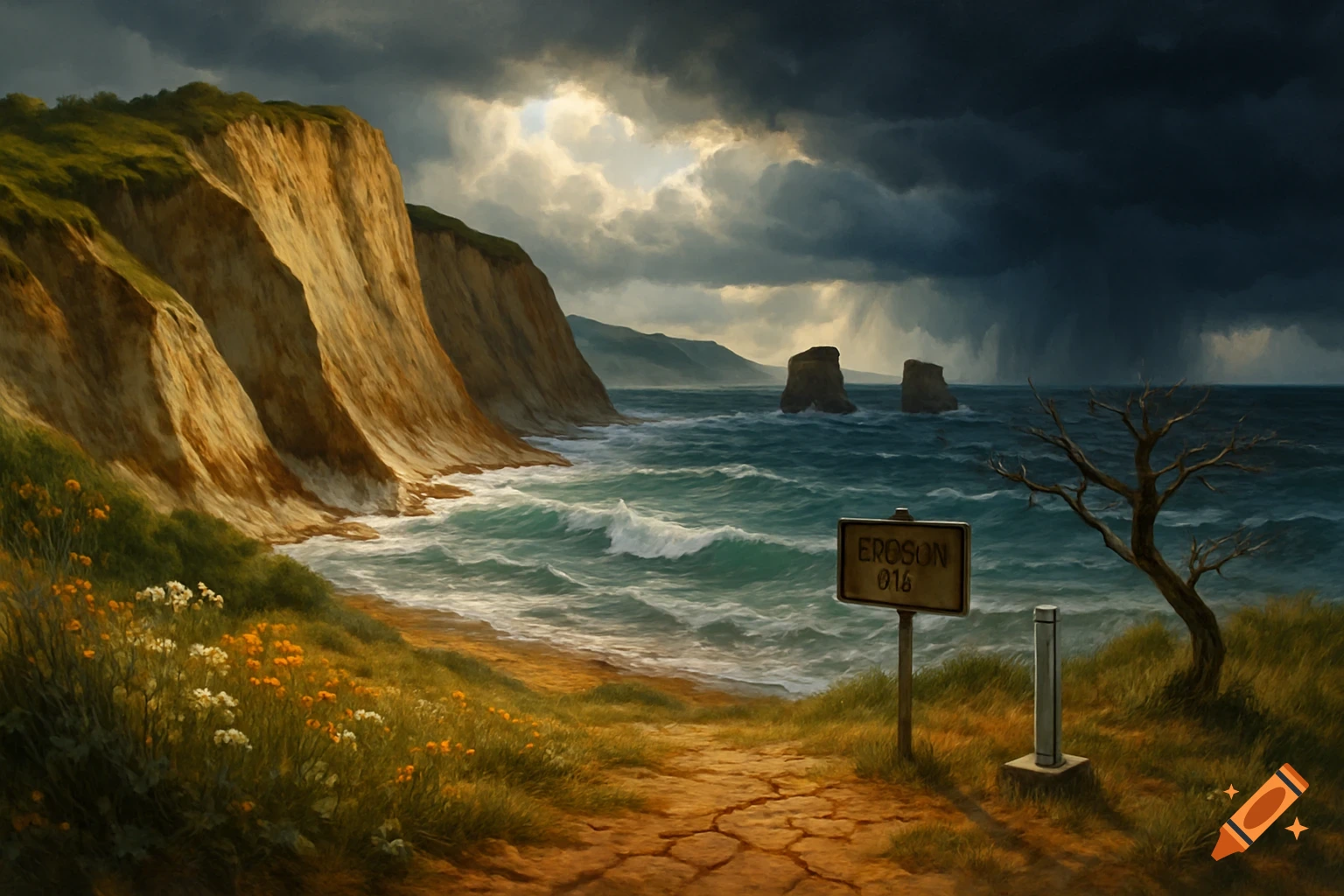 Dramatic painting of a stormy coastal landscape with steep cliffs, rough seas, and a sign reading "EROSON 016" on a cracked path.