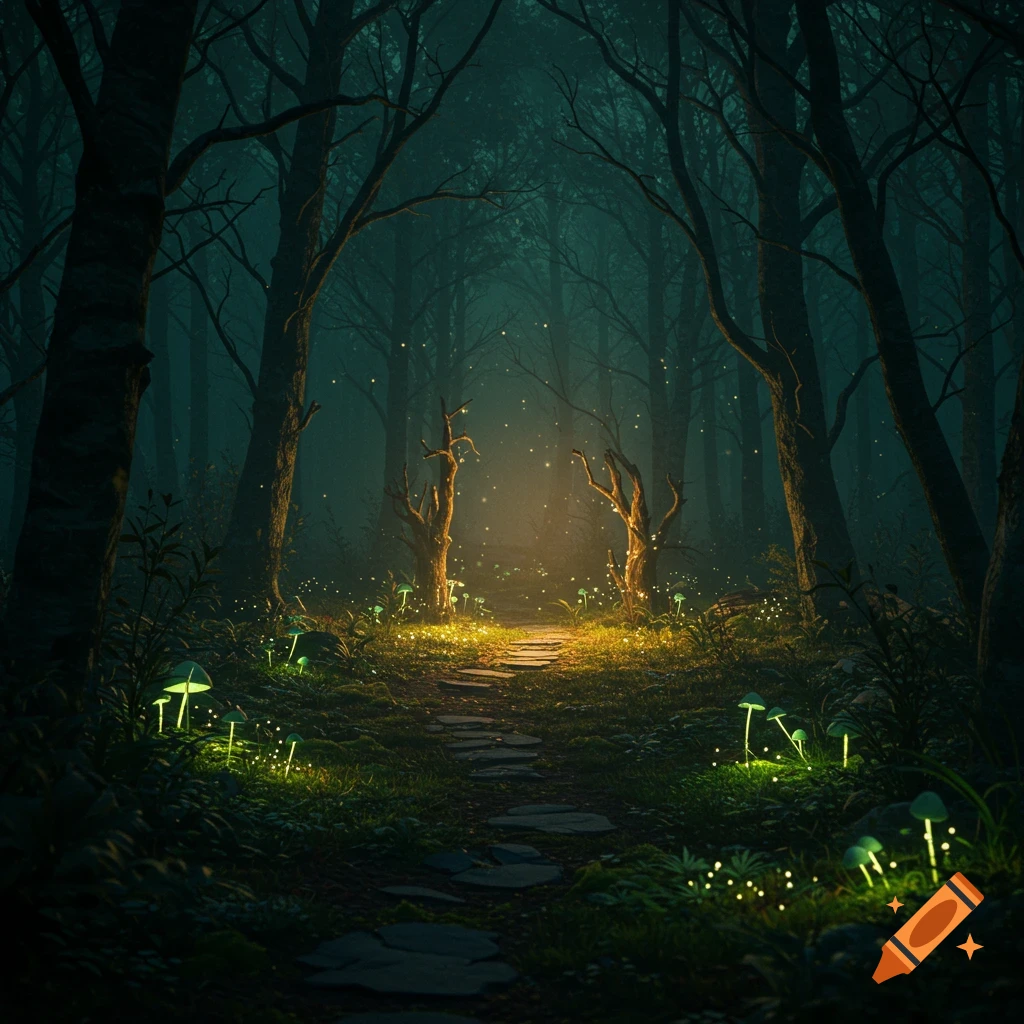 A dark, enchanted forest path lined with glowing mushrooms and sparkling lights, leading to a bright clearing.