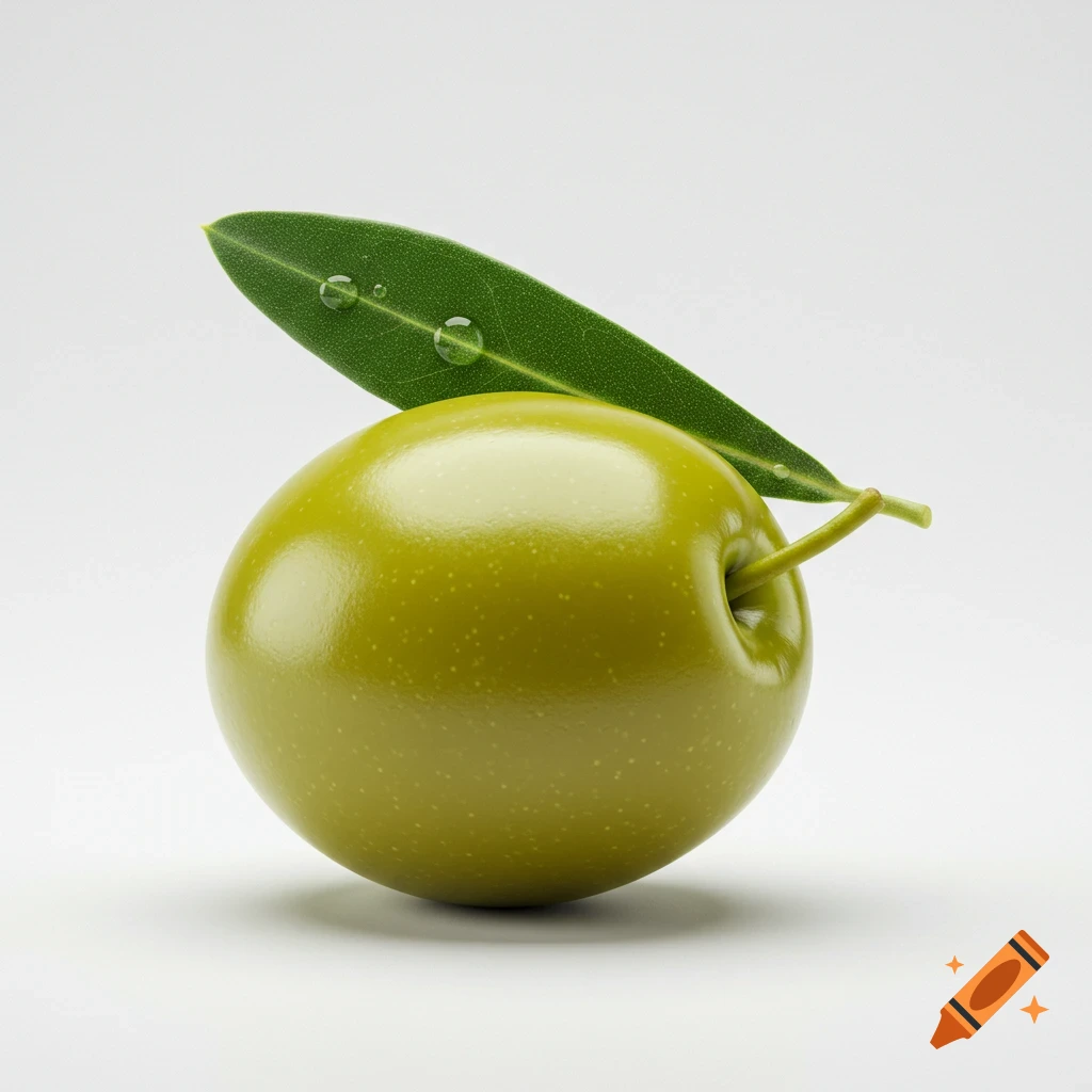 Hyperrealistic product photograph of a perfect green olive with a small leaf and water droplets on a vibrant white background.